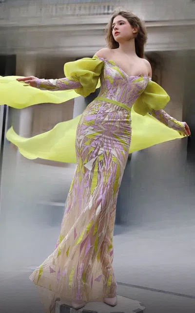 Mnm Couture Organza Fitted Gown In Multi