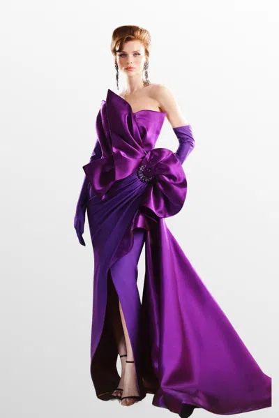 Mnm Couture Sculpted Strapless Slit Gown With Train In Multi