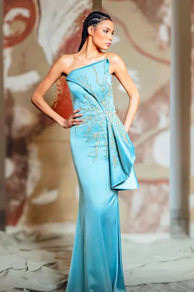 Mnm Couture Strapless Embellished Gown With Draping In Blue
