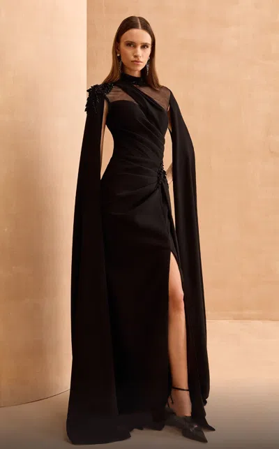Mnm Couture V02037 Pleated Long Formal Cape Sleeve Evening Dress In Black