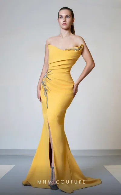 Mnm Couture V02051 Prom Long Formal Pleated Mermaid Dress In Yellow