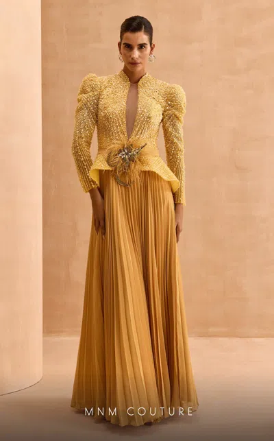 Mnm Couture V06941 Pleated Long Sleeve Formal Beaded Peplum Evening Dress In Orange