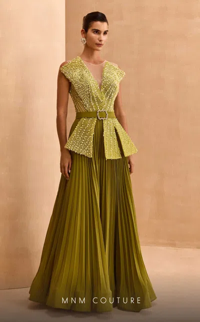 Mnm Couture V07014 Beaded Long Formal Pleated Evening Dress In Green