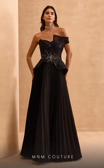 Mnm Couture V07282 A Line Long Formal Beaded Peplum Evening Dress In Black