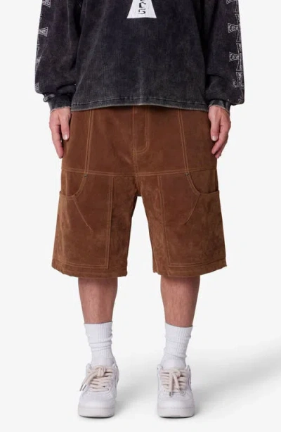 Mnml Baggy Faux Suede Work Shorts In Brown