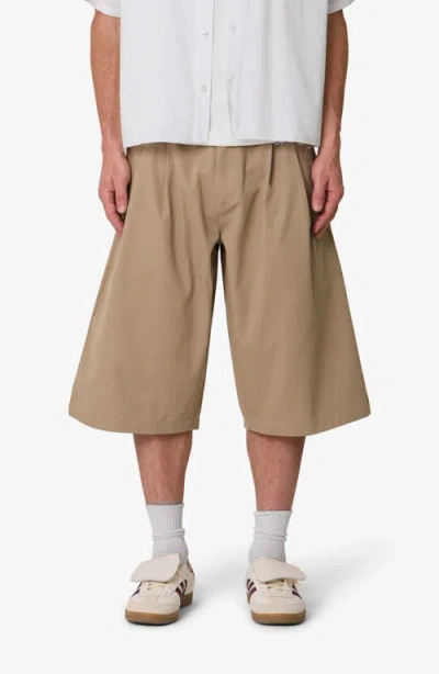 Mnml Baggy Fit Pleated Cotton Twill Shorts In Brown