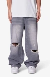 Mnml Blowout Baggy Ripped Wide Leg Jeans In Gray