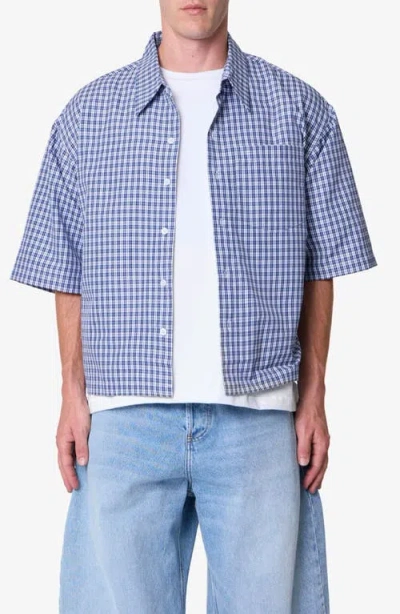 Mnml Crispy Oversize Check Short Sleeve Cotton Poplin Button-up Overshirt In Blue