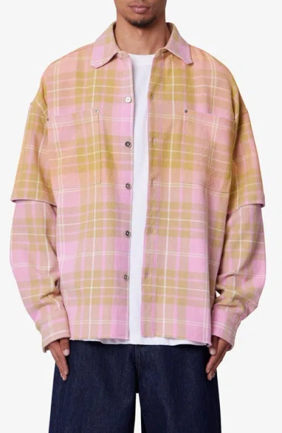 Mnml Dip Fade Flannel Button-up Shirt In Pink