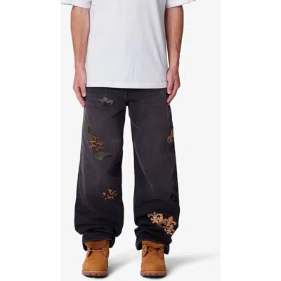 Mnml Embroidered Fleurs De Lis Ultra Baggy Jeans In Black