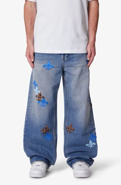 Mnml Embroidered Fleurs De Lis Ultra Baggy Jeans In Blue