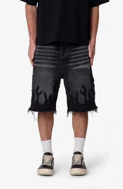 Mnml Flame Rip & Repair Denim Shorts In Gray