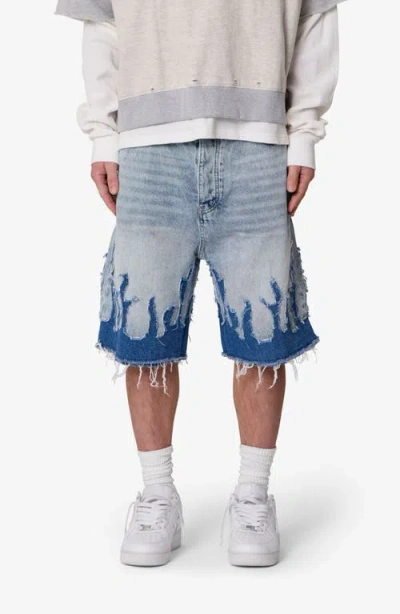 Mnml Flame Rip & Repair Denim Shorts In Blue