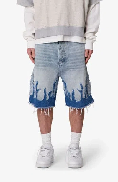 Mnml Flame Rip & Repair Denim Shorts In Blue
