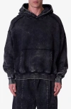 Mnml Frayed Seam Acid Wash Cotton Fleece Hoodie In Black