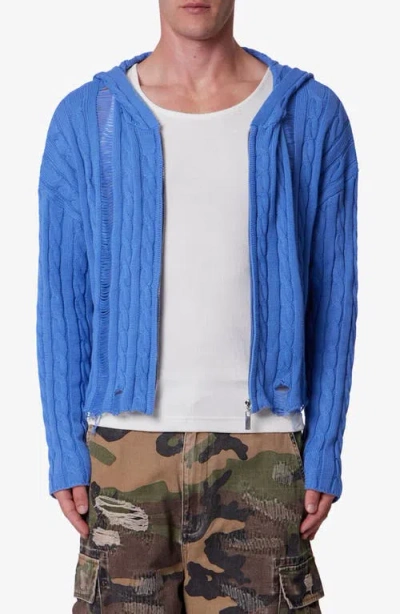 Mnml Front Zip Hooded Cable Stitch Sweater In Blue