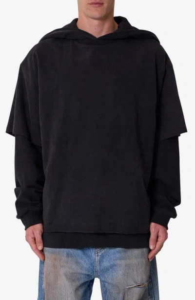 Mnml Layered Cotton Hoodie In Washed Black