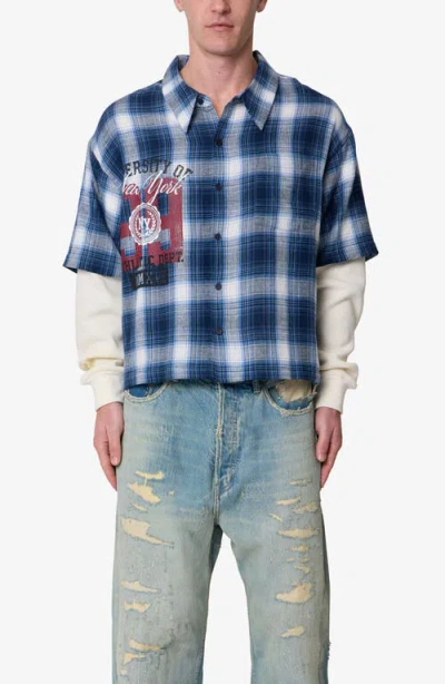 Mnml Layered Thermal Button-up Flannel Shirt In Blue