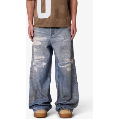 Mnml Oil Stain Printed Relaxed Wide Leg Ripped Jeans In Blue
