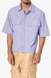 Mnml Oversize Crop Stripe Short Sleeve Button-up Shirt In Blue