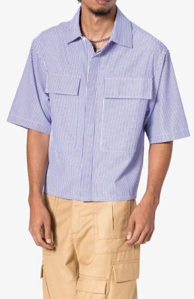 Mnml Oversize Crop Stripe Short Sleeve Button-up Shirt In Blue