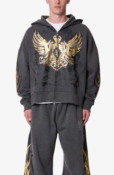 Mnml Oversize Gold Foil Cotton Zip Hoodie In Black