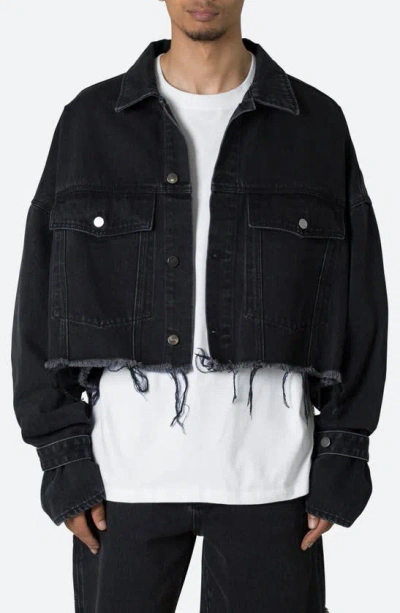 Mnml Oversized Fray Hem Crop Denim Jacket In Washed Black