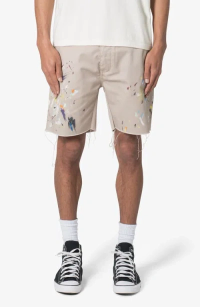 Mnml Paint Spattered Cutoff Twill Shorts In Khaki
