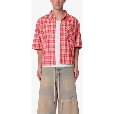 Mnml Plaid Crop Short Sleeve Cotton Flannel Button-up Shirt In Red