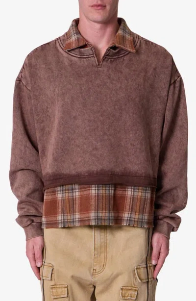 Mnml Plaid Flannel Layered Look Crewneck Sweatshirt In Brown