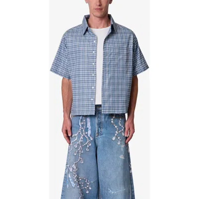 Mnml Plaid Poplin Cropped Short Sleeve Shirt In Blue