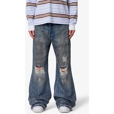 Mnml Rhinestone Ripped Kick Flare Jeans In Blue