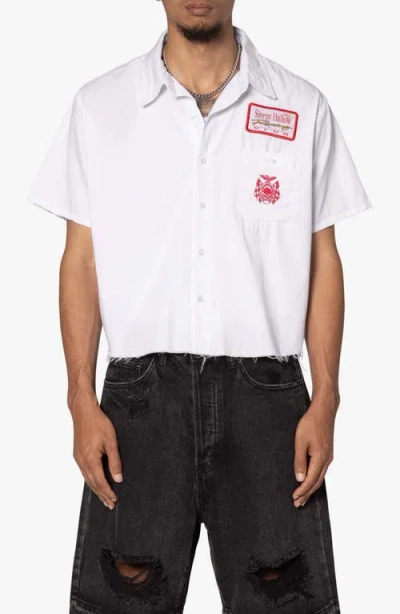 Mnml Shrc Checkered Flad Short Sleeve Cotton Graphic Button-up Shirt In White