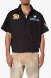 Mnml Shrc Pit Crew Fray Hem Crop Button-up Shirt In Black