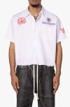 Mnml Shrc Pit Crew Fray Hem Crop Button-up Shirt In White