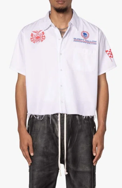 Mnml Shrc Pit Crew Fray Hem Crop Button-up Shirt In White