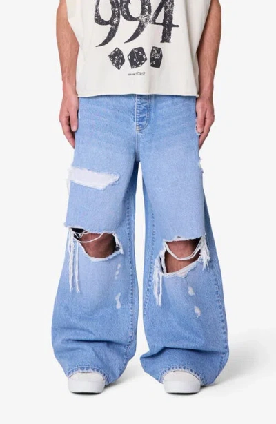 Mnml Thermal Patch Relaxed Wide Leg Ripped Jeans In Blue