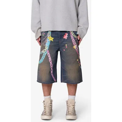 Mnml Ultra Baggy Chain Print Denim Shorts In Blue