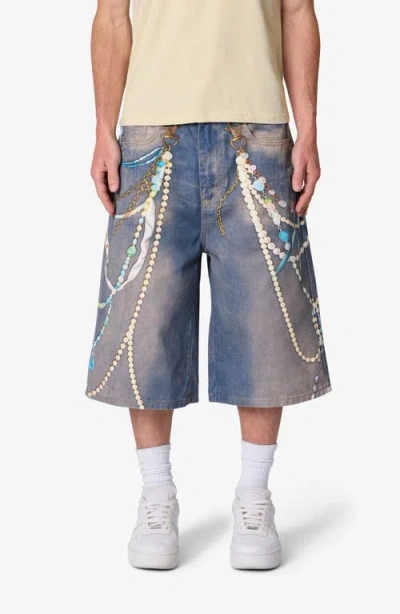 Mnml Ultra Baggy Chain Printed Denim Shorts In Blue