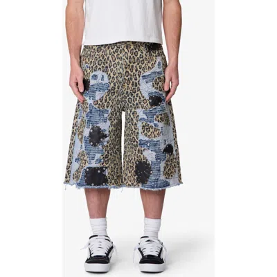 Mnml Ultra Baggy Cheetah Boro Denim Shorts In Green