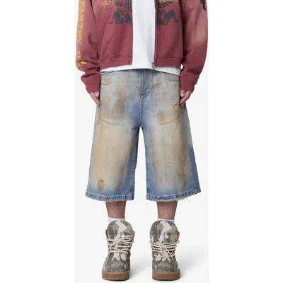 Mnml Ultra Baggy Dirty Denim Shorts In Blue