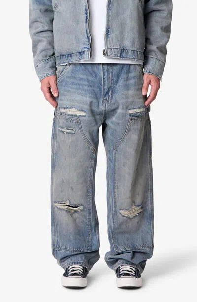 Mnml Ultra Baggy Distressed Workwear Jeans In Vintage Blue