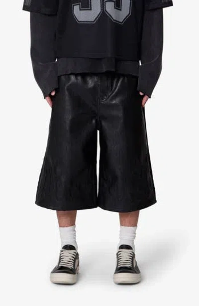 Mnml Ultra Baggy Flame Appliqué Faux Leather Shorts In Black