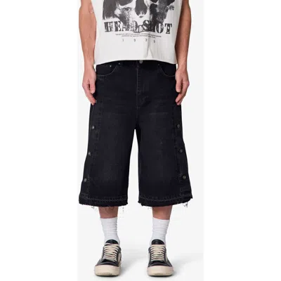 Mnml Ultra Baggy Offset Button Denim Shorts In Black