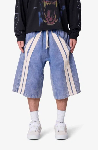 Mnml Ultra Baggy Stripe Cotton Twill Shorts In Blue