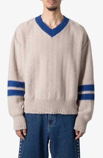 Mnml Varsity V-neck Sweater In Off White/ Blue