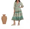 Mo Maya Honeydew Flare Dress In Green Multi In Green