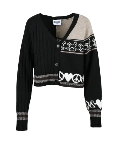 Mo5ch1no Jeans Black-beige Wool-blend Short Cardigan