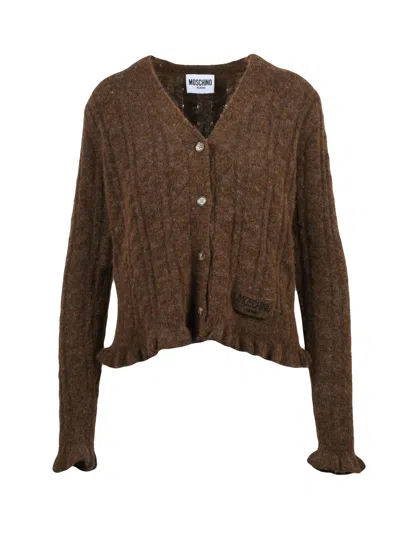 Mo5ch1no Jeans Brown Textured Knit Alpaca-blend Short Cardigan In Black