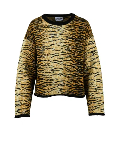 Mo5ch1no Jeans Crewneck Knit Sweater With Bold Tiger Stripe Design In Animal Print